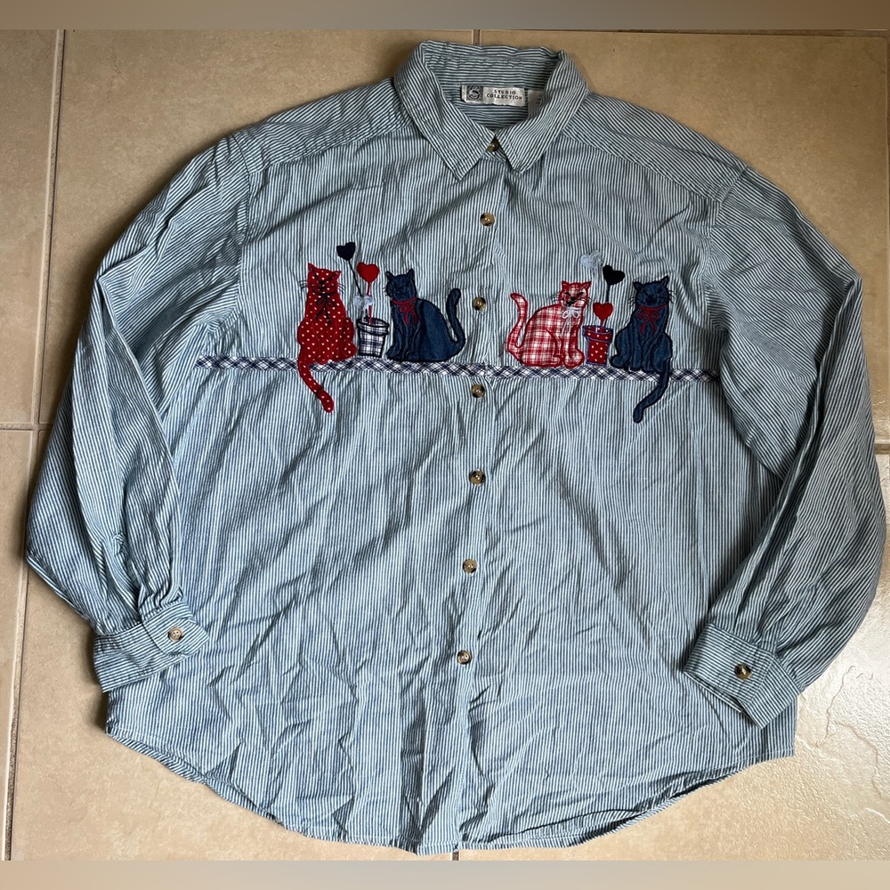 Studio Collection Vtg XL Blue/White Striped Button-Down Cats Embroidered Shirt
